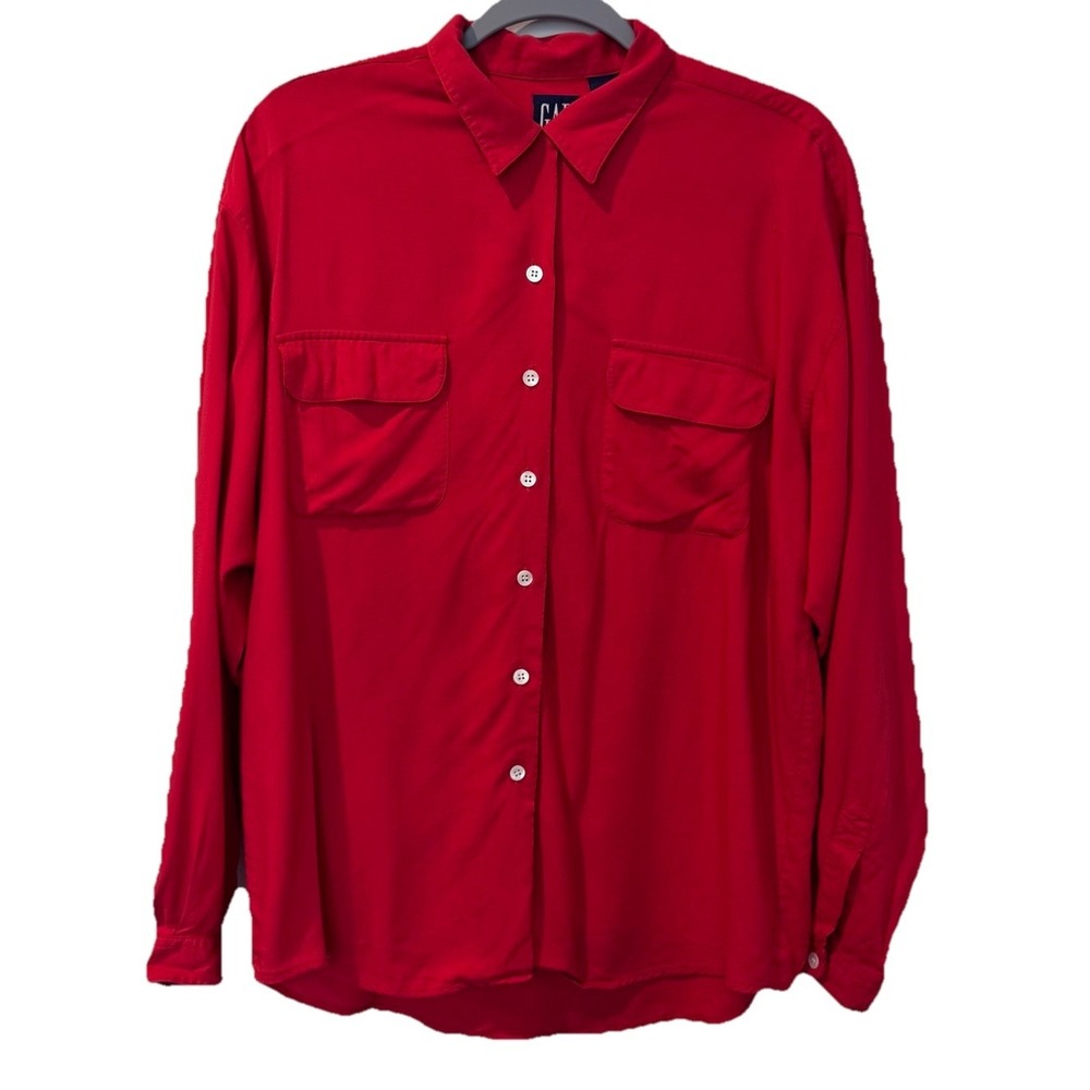 VTG Gap Women's Red Button-up Blouse Collared Long Sleeve Red Size Large